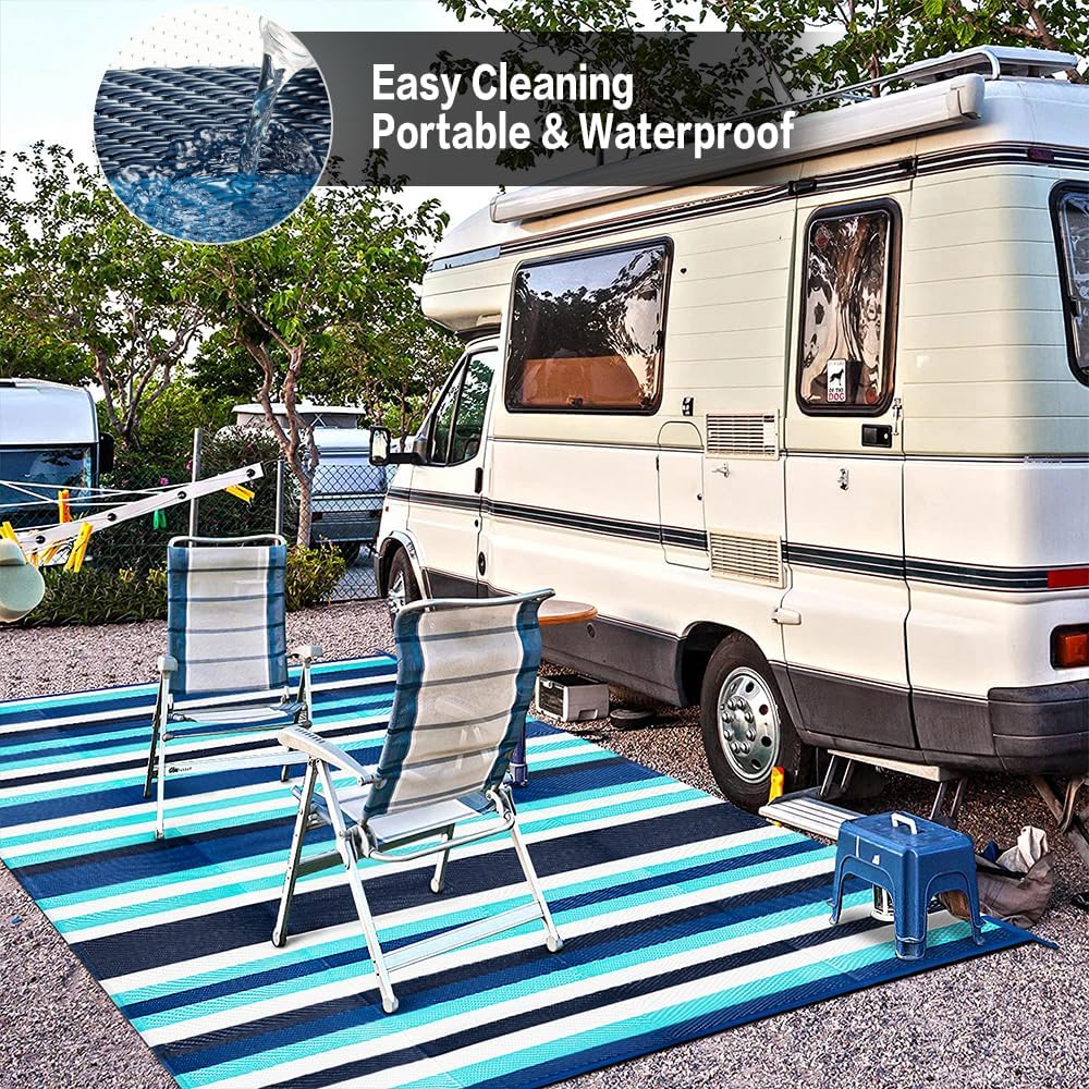 Outdoor Waterproof Rug 9'x12' Plastic Straw Rugs Washable Reversible Floor Mat Blue Stripe Carpet for Camping RV Deck Entryance Porch Picnic Balcony Beach Backyard