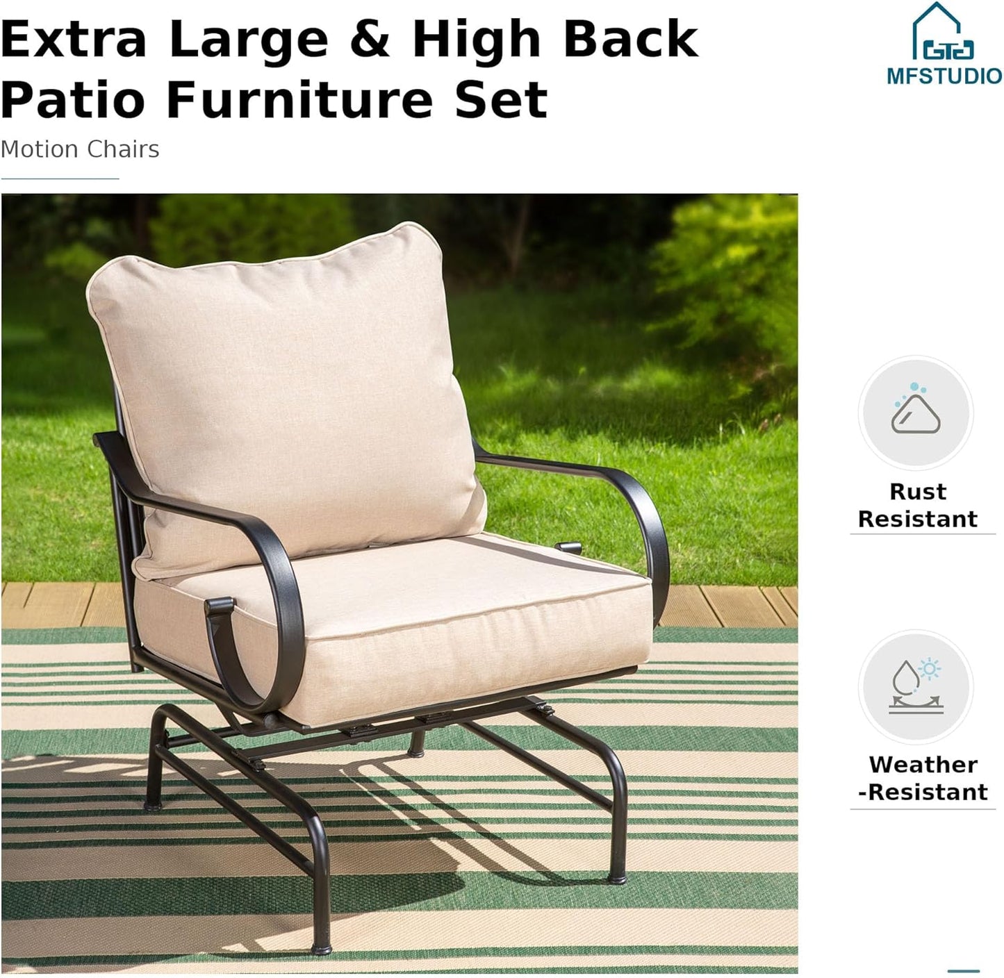 MFSTUDIO 5 Pieces Large Patio Sofa Conversation Set with 28 Inch Propane Fire Pit Table, Metal Outdoor Sectional Furniture with Thick Cushion Motion Chairs Gas Fire Pit