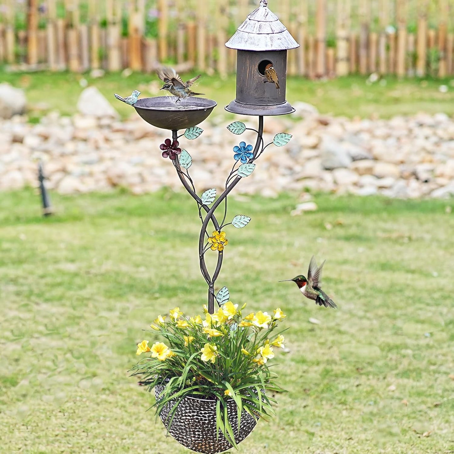 56.7” H Bird Baths for Outdoors, Metal Bird Bath Bird House and Planter Pot 3-in-1 Design, Birdbath and Bird Houses with Pole Stand for Outside Garden Yard Decor