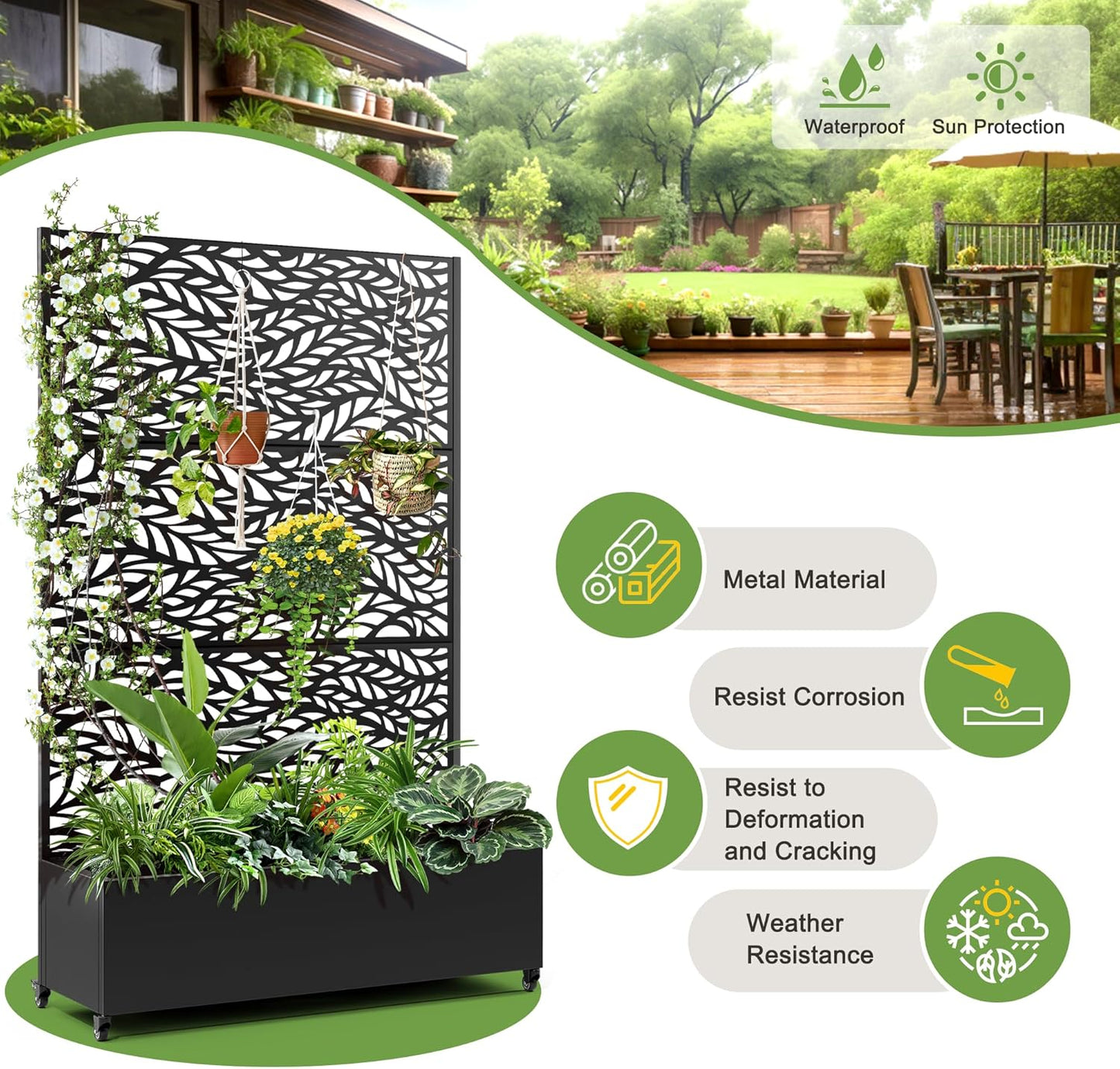 FENCY Metal Raised Garden Bed with Wheels and Trellis,73"x47"x16" Planter Box for Climbing Plants, Vegetables & Vines, Features Privacy Screen and Drainage Holes (Black-Leaf)