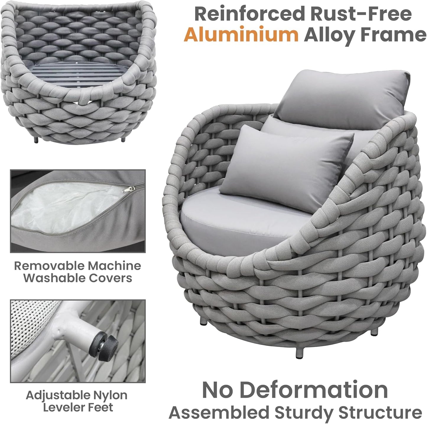 Fully Assembled Patio Furniture Set: 5 Pieces Woven Rope Outdoor Conversation Set Cushioned - Modern Metal Deck Loveseat Chair Table Set - Porch Seating for Yard Garden Pool Hotel Resort, Grey