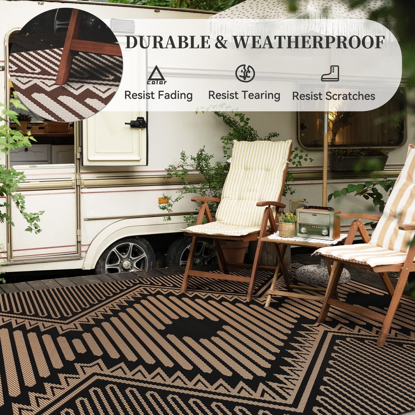 MontVoo Outdoor Rug-Waterproof Patio Rug Mat 5x8 Outdoor Carpet Mat Reversible Plastic Straw Outside Outdoor Rug for RV Camping Picnic Balcony Backyard Pool Deck Porch Modern Boho Black Brown
