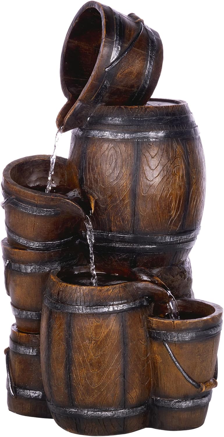 Alpine Corporation ZEN409S 24" Indoor/Outdoor Floor Tiered Barrels and Buckets Fountain, Rustic 4-Tier – Water Feature for Garden, Patio, and Home Décor, Brown
