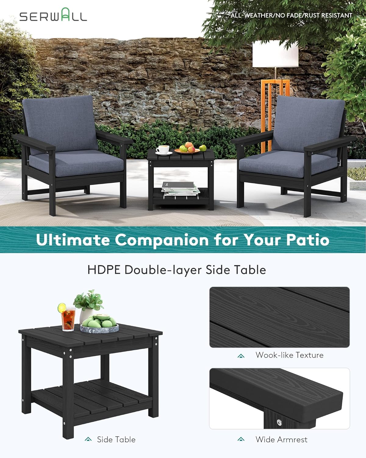 SERWALL HDPE Patio Sofa Set, 3-Piece Sectional Outdoor Furniture Set, All Weather Outdoor Couch Set Patio Furniture Set for Deck, Lawn, Black Frame with Grey Cushion