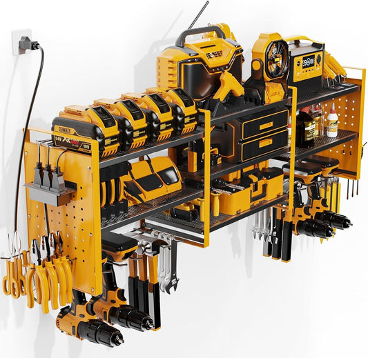 Power Tool Organizer with Charging Station Wall Mount, 3 Layer Expanded Heavy Duty Garage Organization, 48.8 Inch Length Garage Tool Storage, 4 Drill Slot, 16" Standard Hole, Yellow