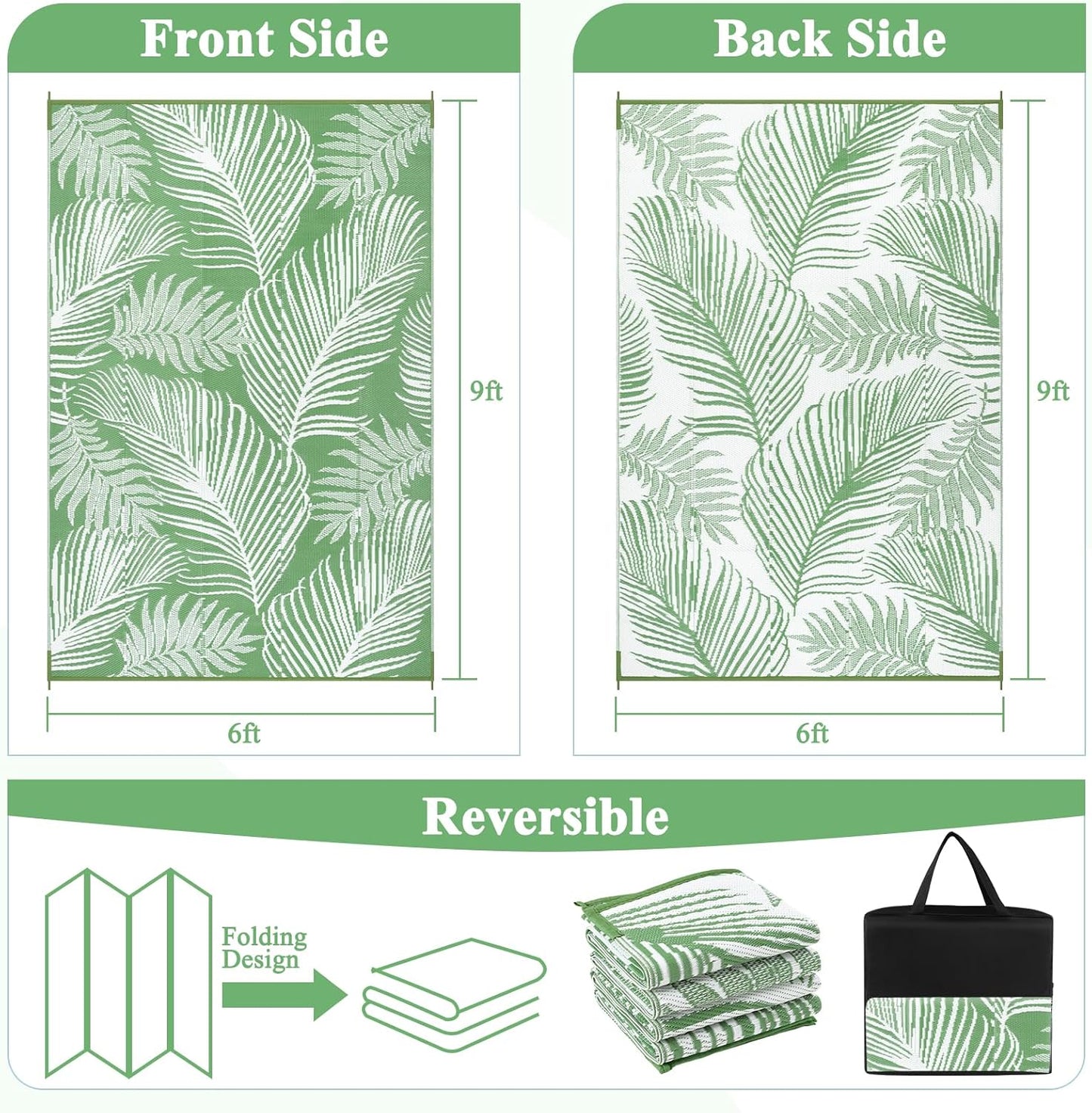 Pauwer Waterproof Outdoor Rug 6x9, Reversible Plastic Straw Patio Camping Rug, Indoor Outdoor RV Mat Carpet for Deck, Camper, Porch, Balcony, Backyard, Picnic, Leaf Green