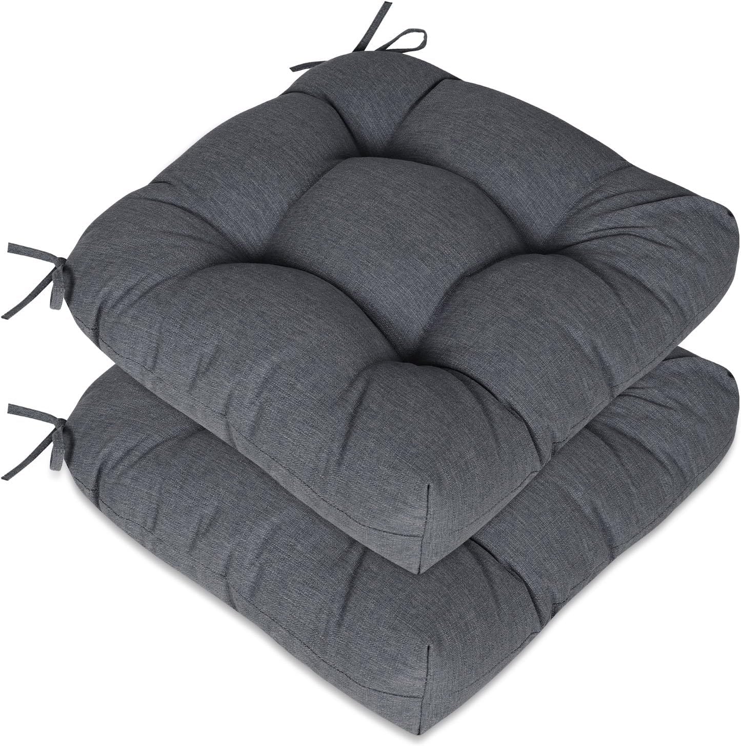 Aoodor 19" x 19" x 5" Tufted Outdoor Chair Cushions, Water Resistant & Fade Resistant Polyester Dining Chair Pads with 2 Straps for Patio Furniture, Set of 2