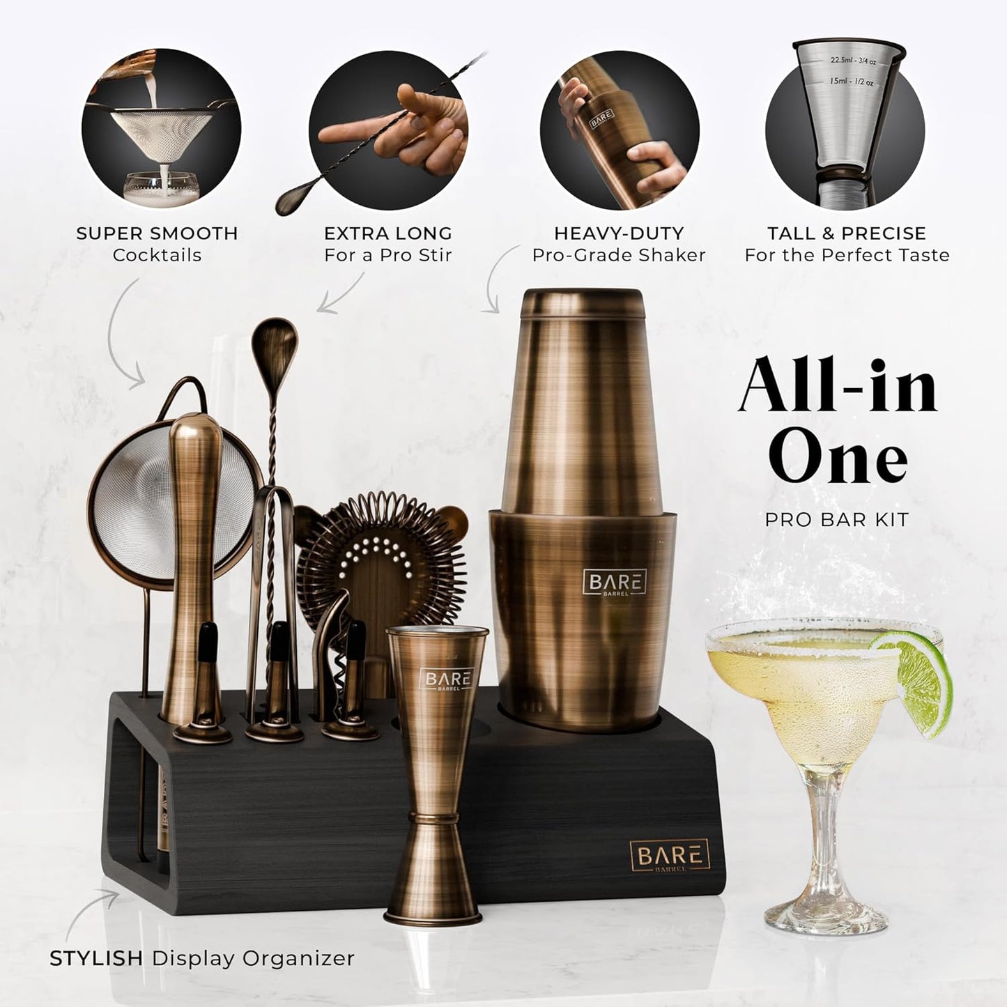 BARE BARREL® Mixology Bartender Kit Bar Set | 14-Piece Cocktail Shaker Set | Martini Barware Mixing Tools for Home Bartending | Incl. 35 Recipe Cards | Gift Set (28oz Boston Shaker, Brass/Black)