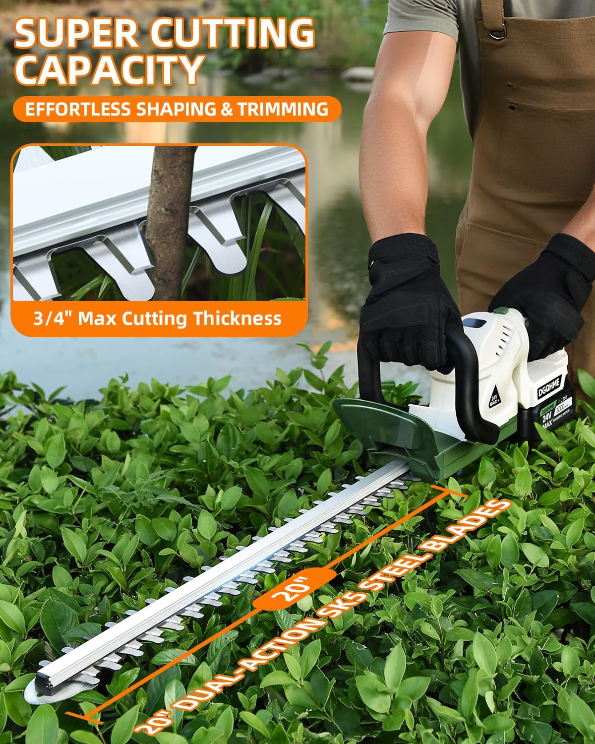 20" Hedge Trimmer Cordless,Electric Bush Trimmer with 2 Pack Rechargeable Batteries,Lightweight Hedge Trimmers,3000RPM 180°Rotatable Head,3/4" Blade Gap