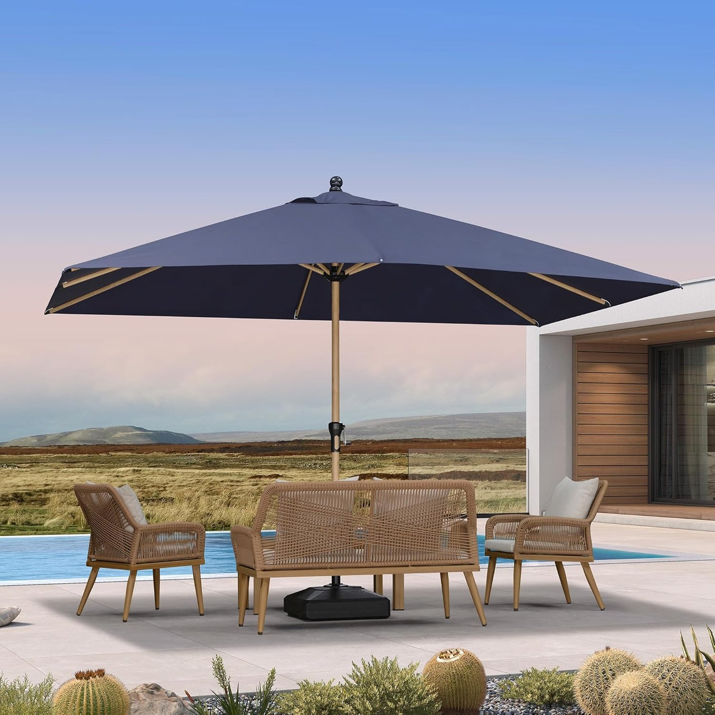 PURPLE LEAF 9' x 11.5' Patio Umbrella with Base Outdoor Umbrella Market Umbrella with Crank & 8 Ribs Aluminum Rectangular Table Umbrella Outdoor Patio for Backyard, Navy Blue