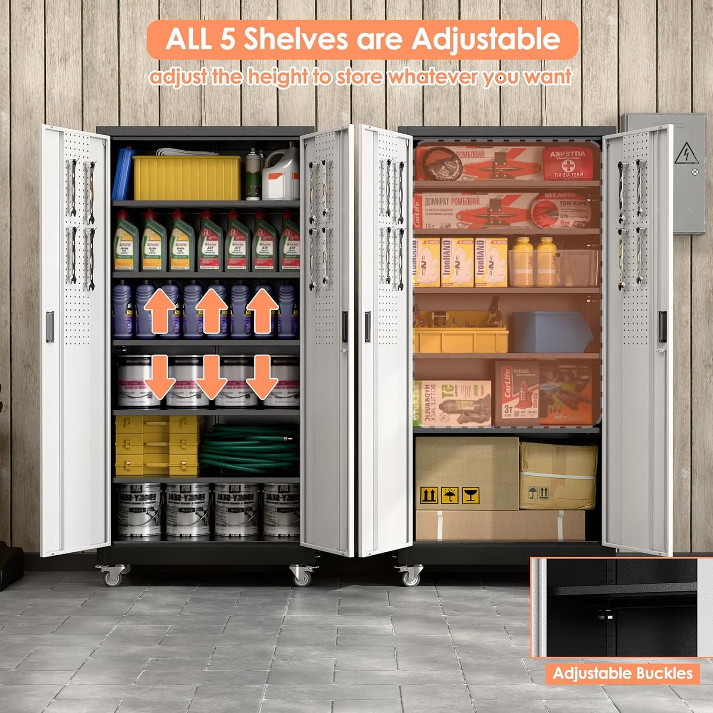 Aobabo 71" H×32" W×16" D Metal Storage Cabinet with Wheels, Garage Steel Storage Cabinet with 5 Adjustable Shelves and 4 Hooks for Home Office,Kitchen, Black Silver,Assembly Required