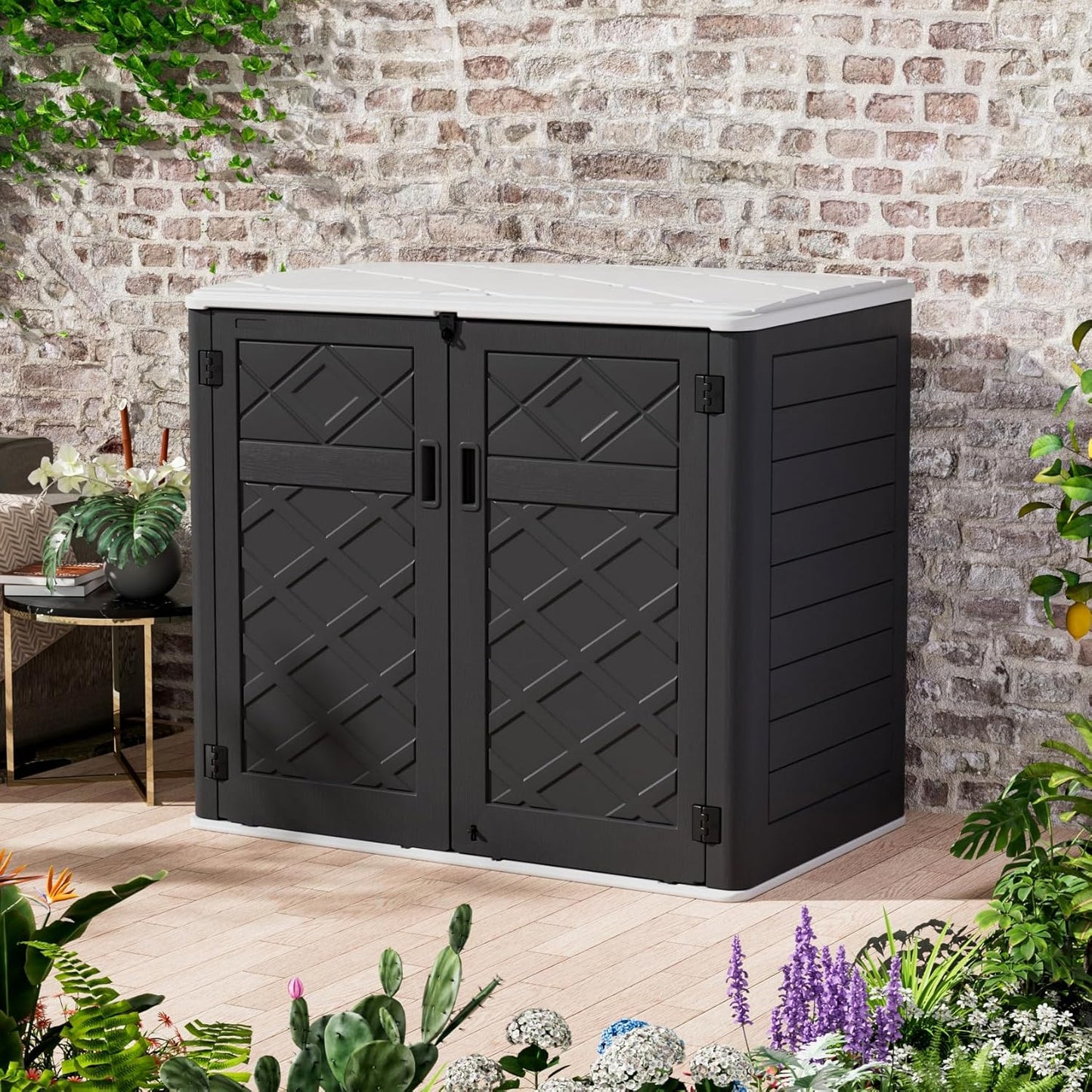 ZZM Large Outdoor Storage Shed, 48 Cu Ft Resin Versatile Storage Cabinet for Patio Accessories, Trash Cans & Garden Tools, Durable Horizontal Storage Box with Lockable Lid (Black)