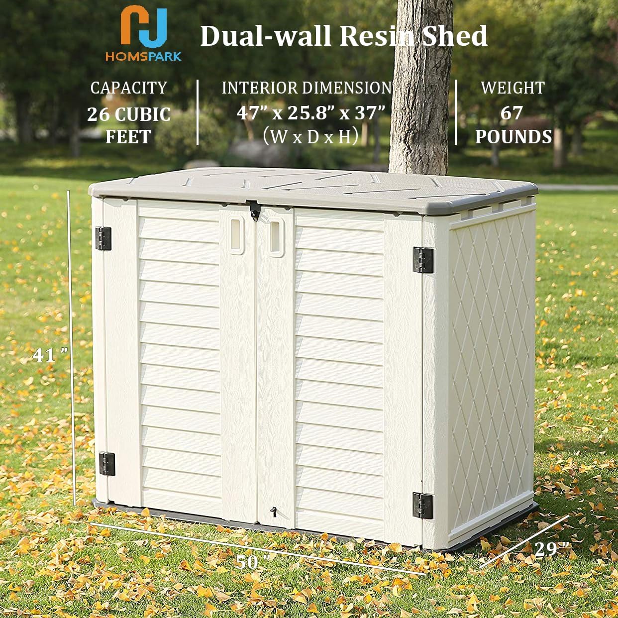 HOMSPARK Storage Shed Weather Resistance, Multi-Purpose Outdoor Storage Cabinet for Backyards and Patios, 26 Cu.ft Capacity Horizontal Storage Shed for Bike, Lawnmower, Trash Cans, Patio Accessories