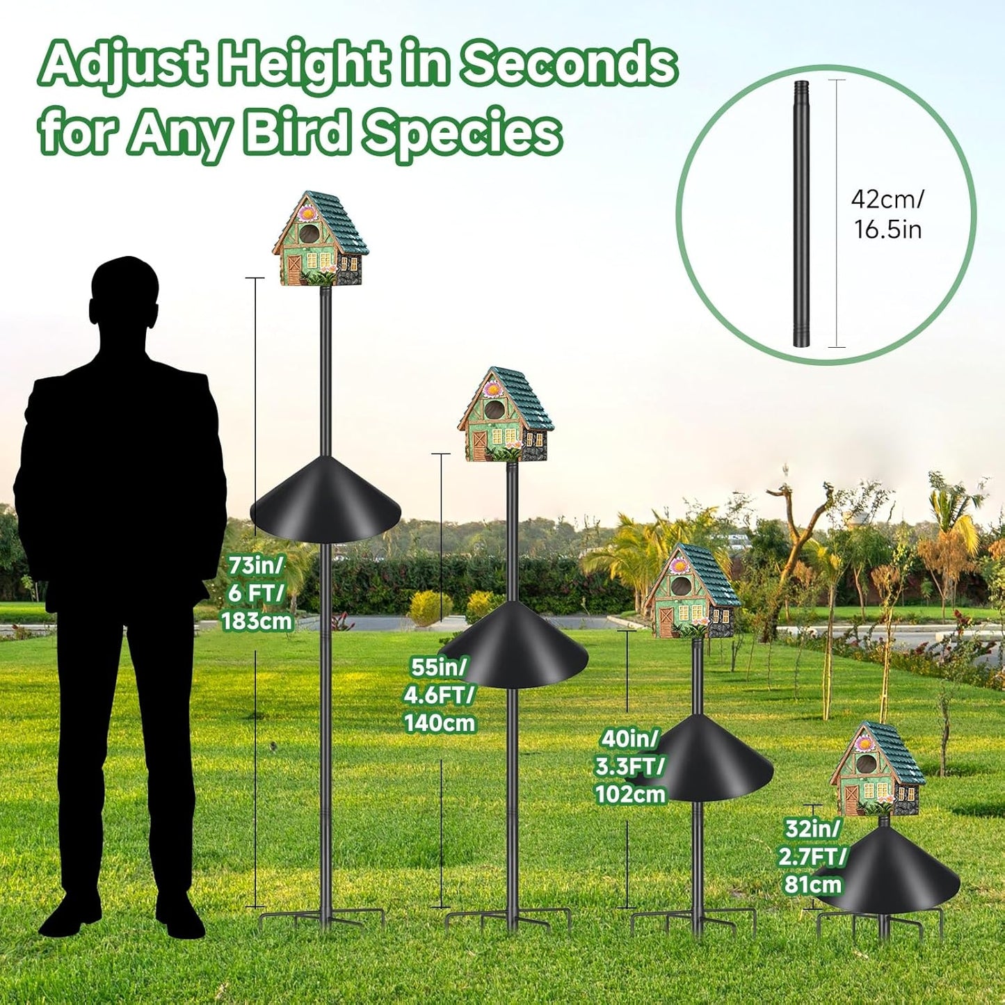 Smart Bird Feeder Pole with Squirrel Baffle & Bath-Heavy Duty Adjustable 3-6.6ft Universal Stand Mount for Backyard&Outdoor Bird Houses/Cameras (80'Pole-Baffle)