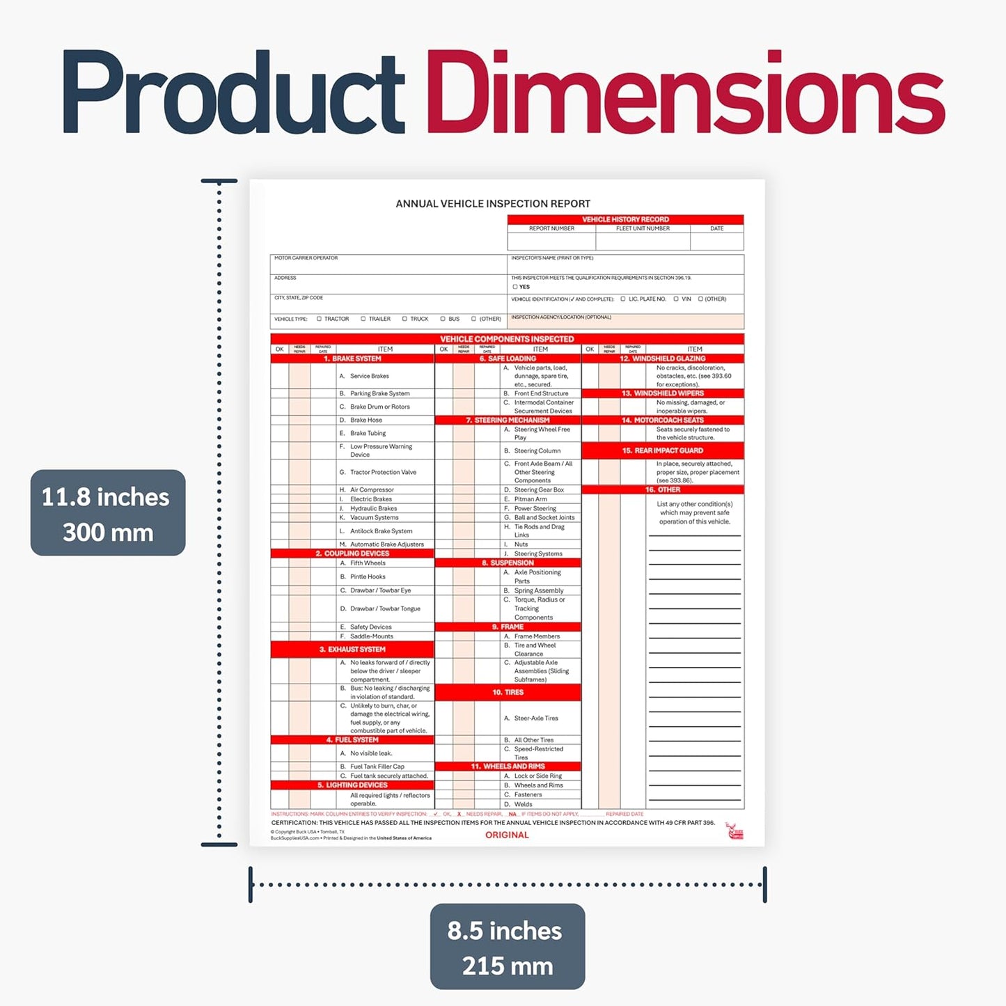 5 Pack 3-Ply Carbonless Annual Vehicle Inspection Report Forms with FMCSA Red Aluminum Labels & White Mylar Laminate Vinyl Labels, DOT Inspection Forms and Stickers, Shrink-Wrapped, 8.5" x 11.75"