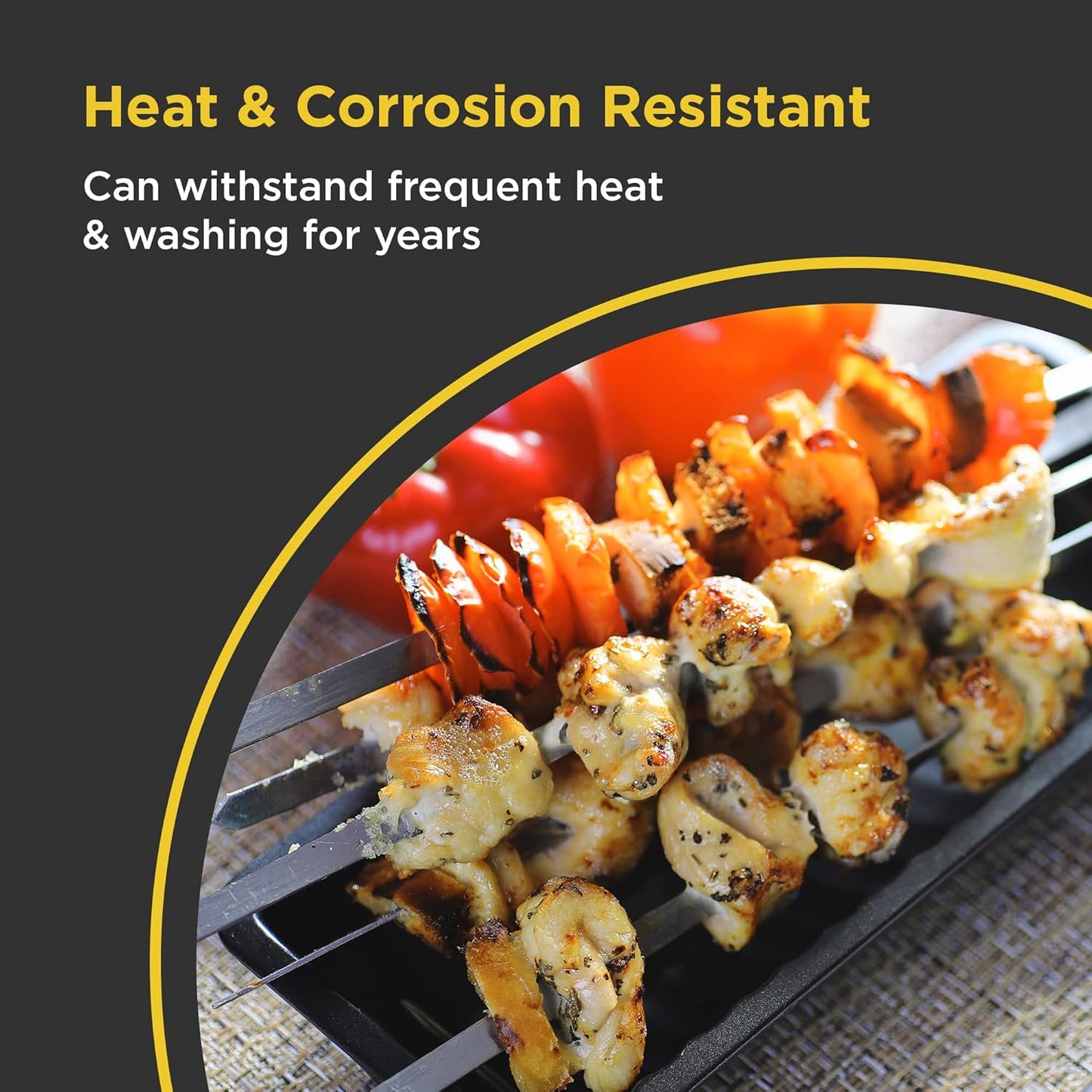 O-Yaki Flat Metal Kabob Skewer for Grilling – Set of 8 BBQ Skewers Stainless Steel with Storage Bag, Dishwasher Safe Skewers with Hook Handle & Sharp Tip for Outdoor BBQ, Cookouts & Oven Use – 8 Inch