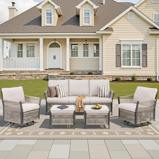 Patio Furniture Wicker Outdoor Conversation Set, 5-Piece All Weather Patio Furniture Rattan Rocking Sets w/Removable Cushions & Ottomans for Backyard, Balcony, Deck, Beige