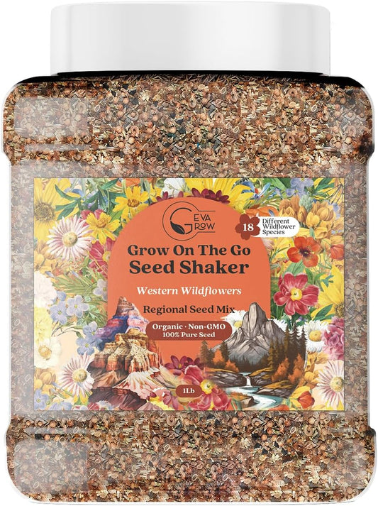 GevaGrow - Western Wildflower Seeds Regional Mix - Organic, Non-GMO - 100% Pure Seed - 18 Different Wildflowers Seeds of Annual and Perennial, 1LB Tub