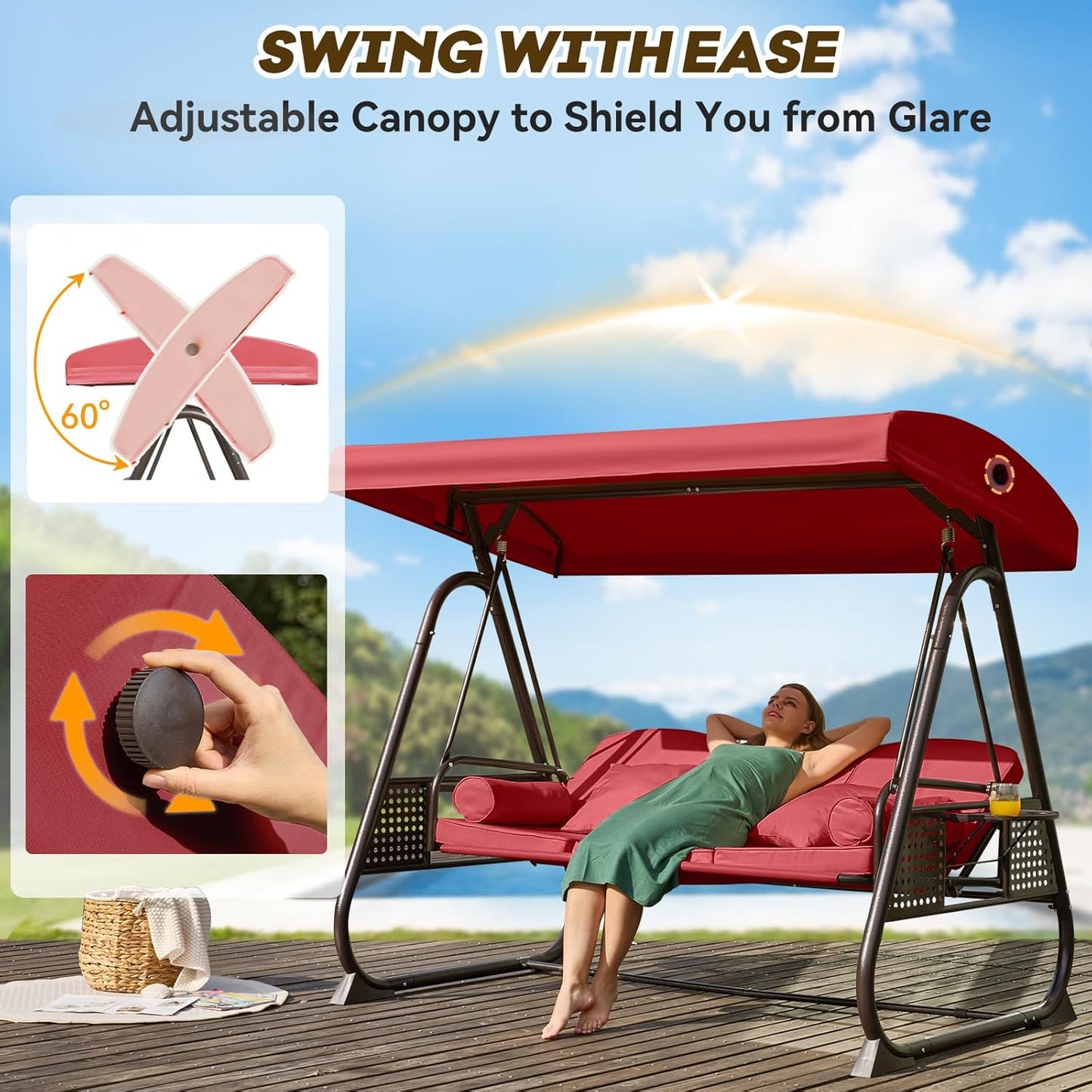 3 in 1 Outdoor Porch Swing with Adjustable Canopy, 3 Seat Outdoor Swing for Adults, Patio Swing Chair with Thickened Cushions,Pillows & Cup Holders for Backyard, Porch, Garden (Wine Red)