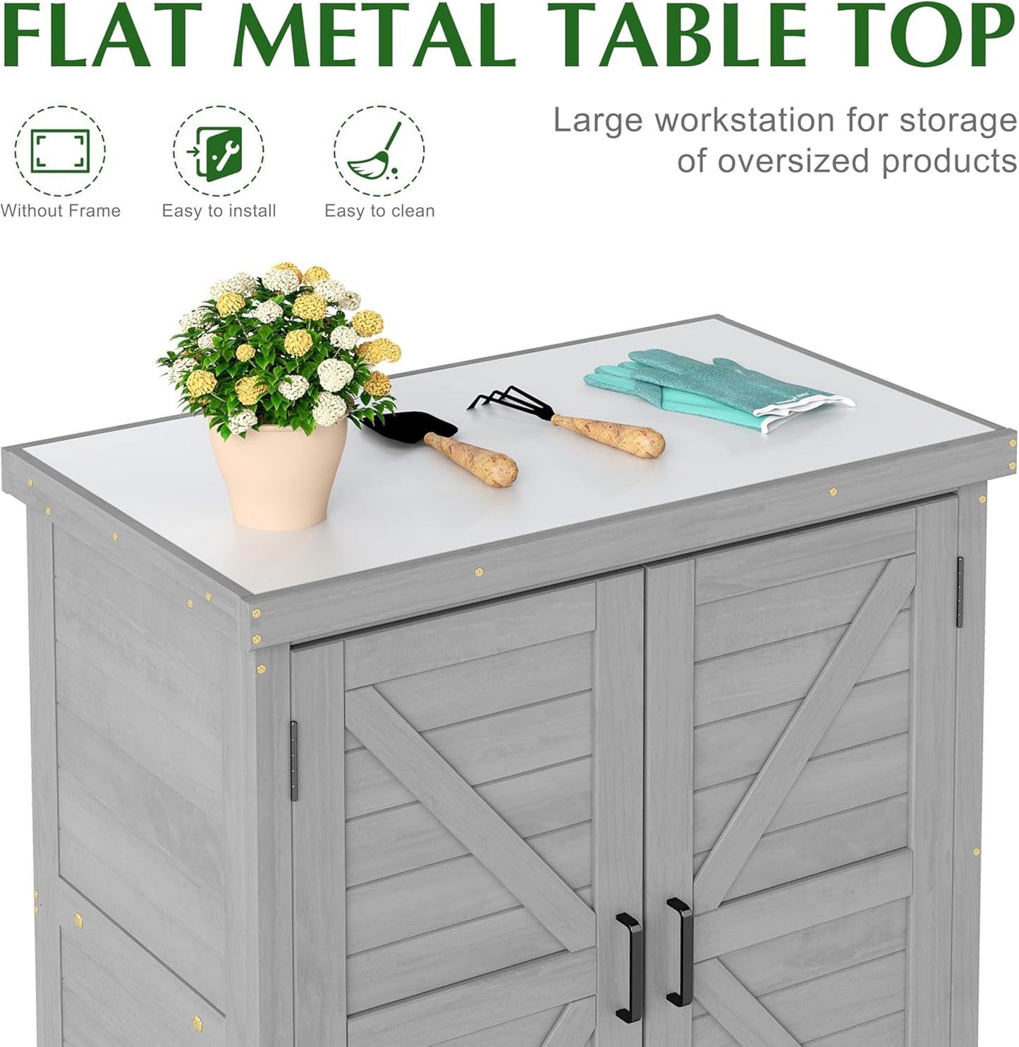 Outdoor Storage Cabinet & Potting Bench Table with Metal Top, Wooden Patio Furniture, Garden Workstation (Classic Grey, 36x31x17in)