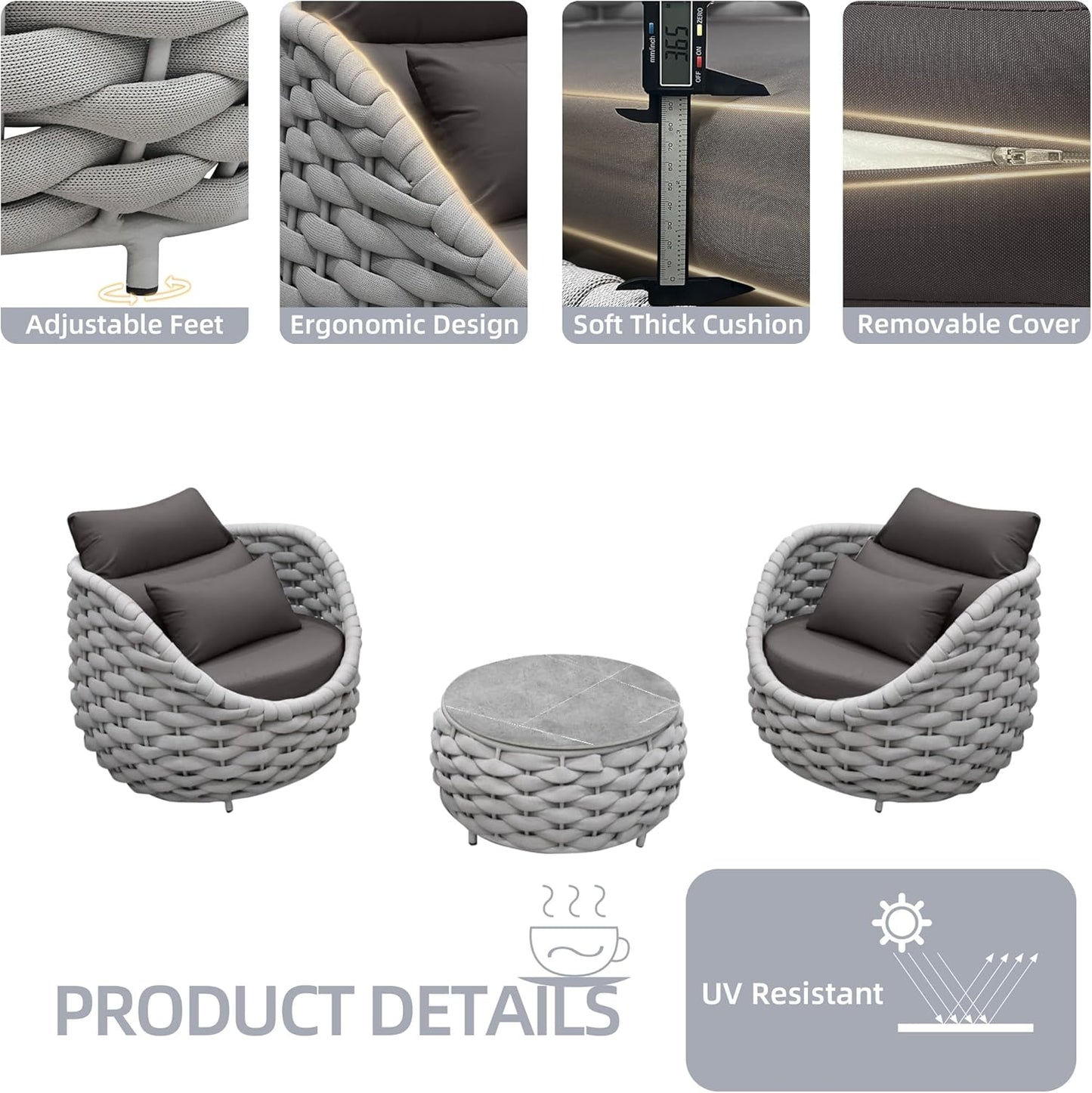 TWT 3 Pieces Aluminum Patio Furniture Set, Modern Outdoor Patio Furniture with Coffee Table, No Assembly Required Outdoor Conversation Set with Dark Grey Cushions for Balcony, Porch, Lawn