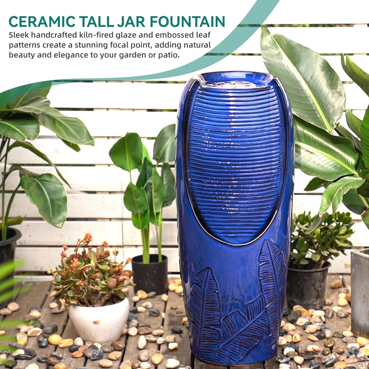 33" H Outdoor Garden Fountain with LED Lights, Modern Ceramic Jar Water Fountain, 3D Tropical Leaf Pattern, Cobalt Blue Glaze, Soothing Cascading Waterfall for Relaxing Patio, Yard, Porch