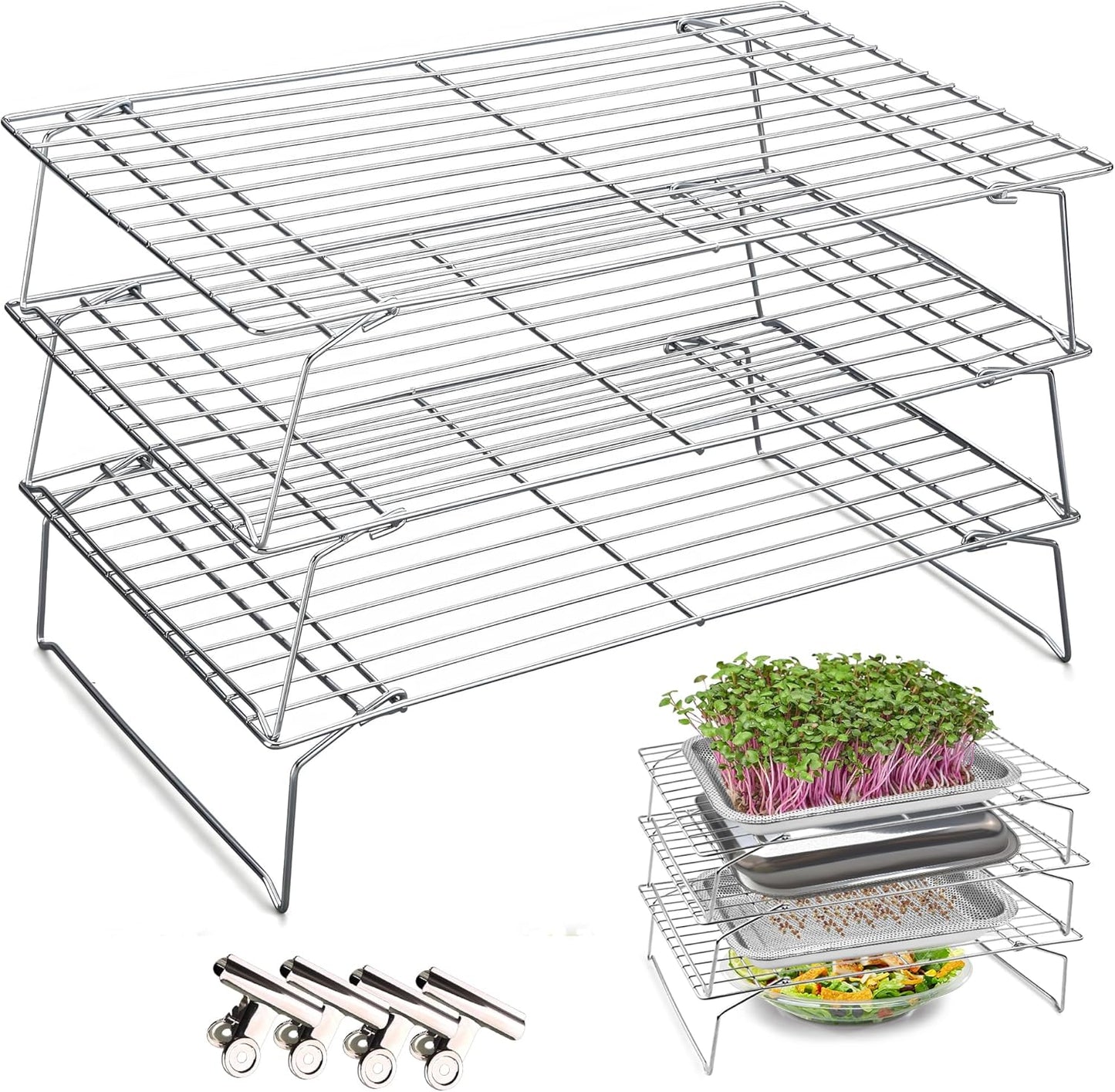 Sprouts Growing Rack 3-Tier 14 inch Shelf, Metal Foldable Plant Stand for Sprouting Tray Indoor, Seed Starting Tray Plant Shelf, Silver Rack for Kitchen Table Top Space Saving