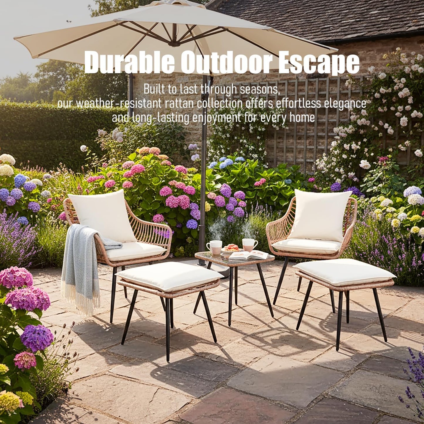 5 Pieces Patio Bistro Set, Outdoor Patio Table and Chairs with Footrest, Waterproof Small Patio Conversation Set, Outdoor Chair with Ottoman for Porch, Backyard, Deck, Balcony