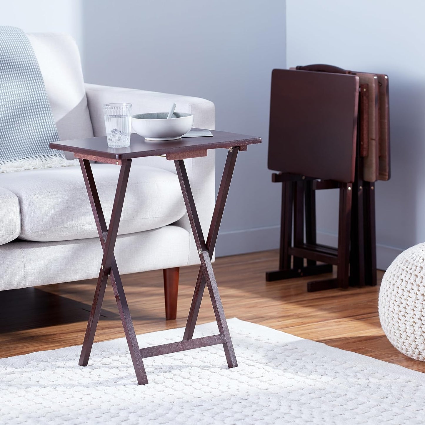 Amazon Basics Classic Foldable TV Dinner Tray Table with Storage Rack, 14.6 L x 19 W x 26 H inch, Espresso, 4-Pack