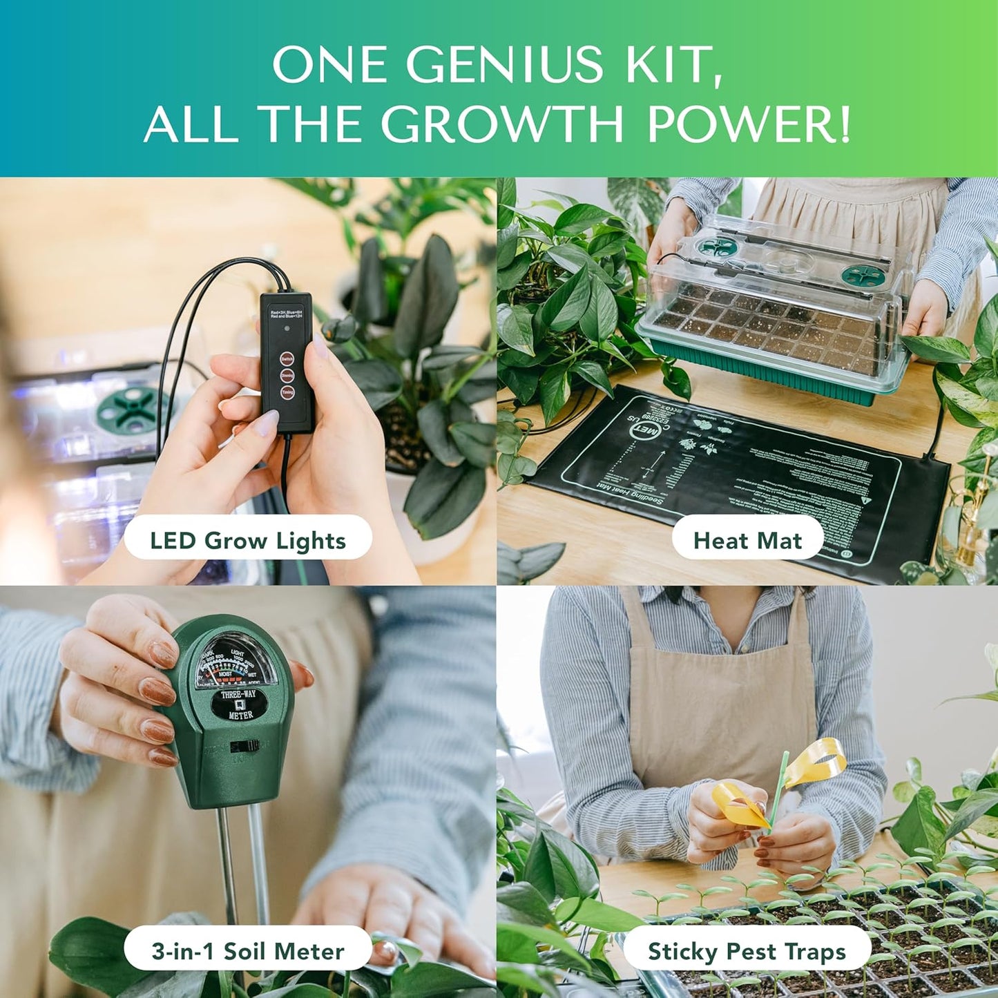 Upgraded Seed Starter Tray with Grow Lights and Heat Mat, 3-in-1 Soil Meter, & Sticky Gnat Traps, 40-Cell Seed Growing Tray, Germination & Plant Propagation Station for Indoor Plants