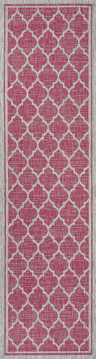 Eyely BMS109H-210 Santa Monica Trebol Moroccan Trellis Textured Weave Indoor/Outdoor Runner Rug Coastal;Bohemian, Bedroom, Backyard, Patio, Easy-Cleaning, Non-Shedding, 2 X 10, Fuchsia/Light Gray