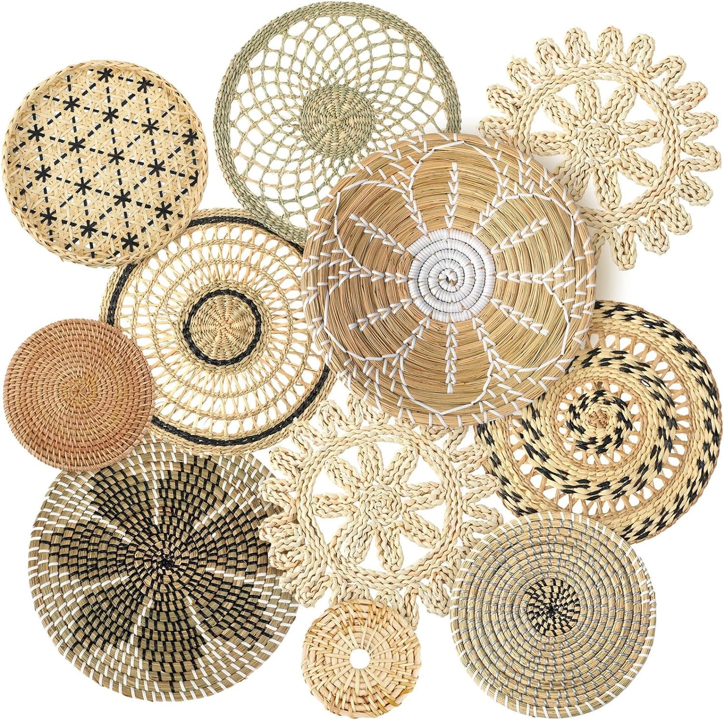 Tatuo 11 Pcs Boho Wall Basket Decor Decorative Bulrush Woven Basket Wall Decor Art Round Farmhouse Hanging Baskets for Kitchen Rustic Home Summer Decorations, Multi Sizes(Vivid)