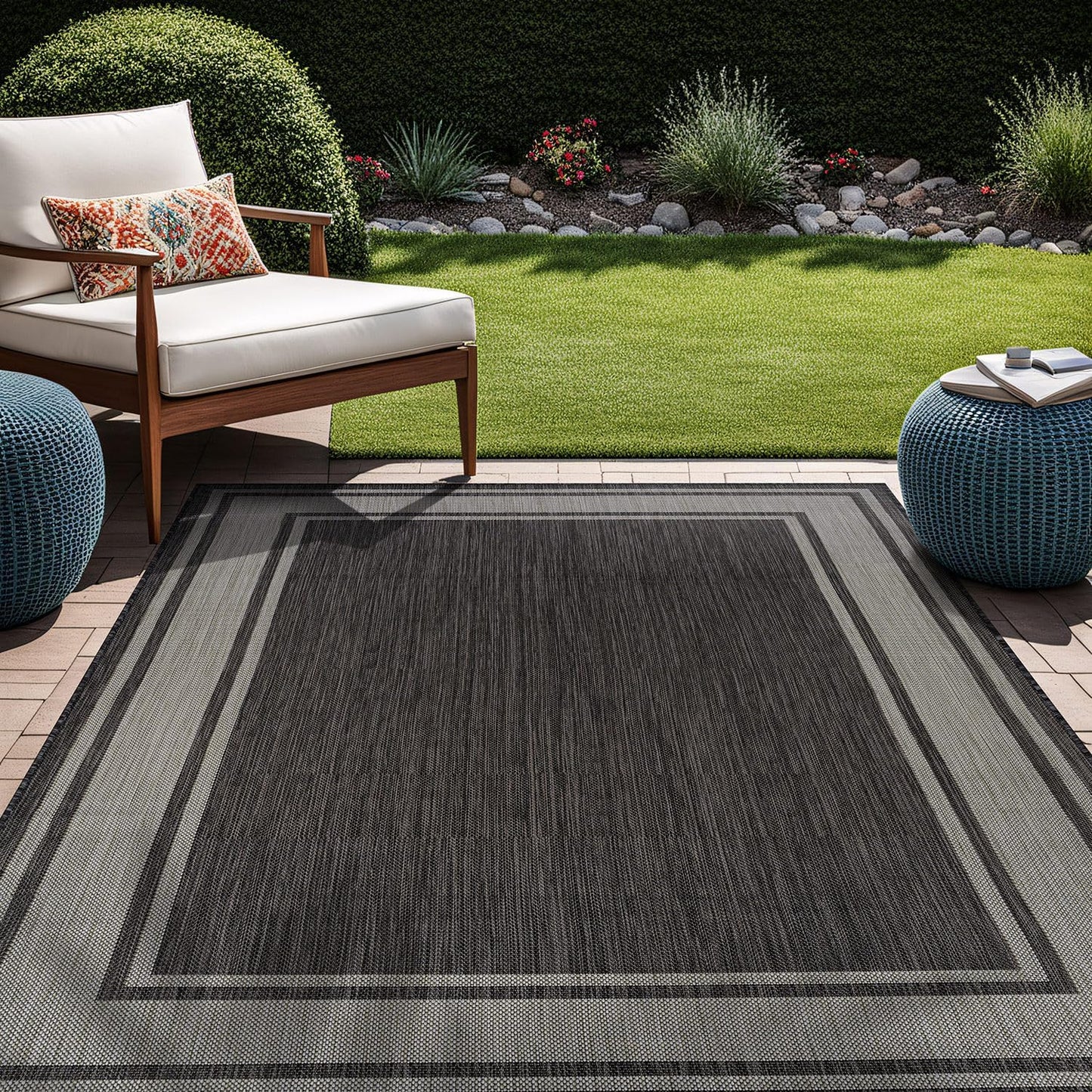 Beverly Rug Large Outdoor Rug 10x14 Modern Bordered Area Rugs for Indoor and Outdoor Patio Deck Porch Garden Waterproof Weather Sun Resistant Washable Outside Carpet (10 x 14 Dark Gray)
