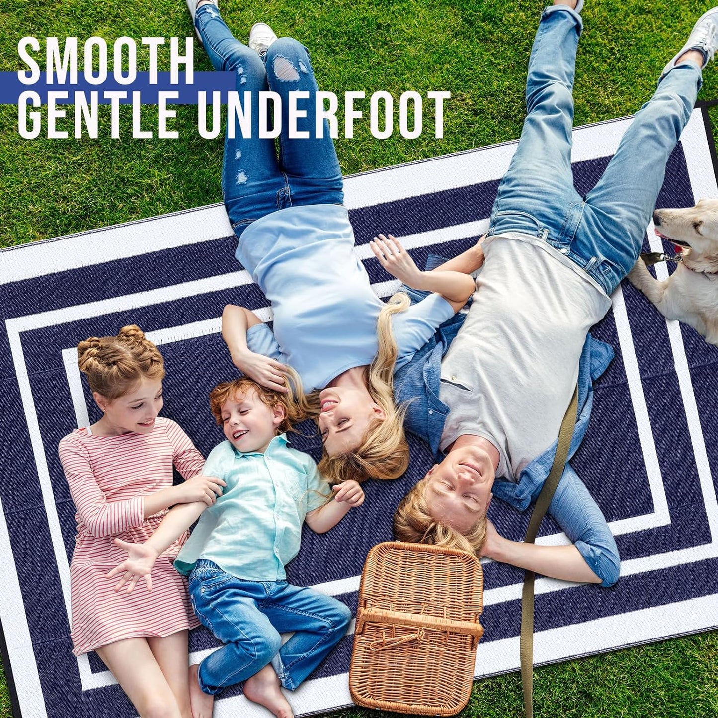 OLANLY Outdoor Rug 9x12 ft Waterproof, Reversible Outdoor Plastic Straw Rug, RV Mat, Indoor Outdoor Carpet Clearance for Patio, Camping, Balcony, Deck, Backyard, Navy & White