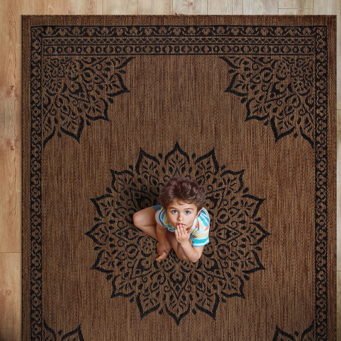 CAMILSON Outdoor Rug, 10x14 Medallion Nut Brown Black Modern Area Rugs for Large Indoor and Outdoor Patios, Kitchen and Hallway Mats, Washable Porch Deck Outside Carpet (Nut Brown Black, 10 x 14)