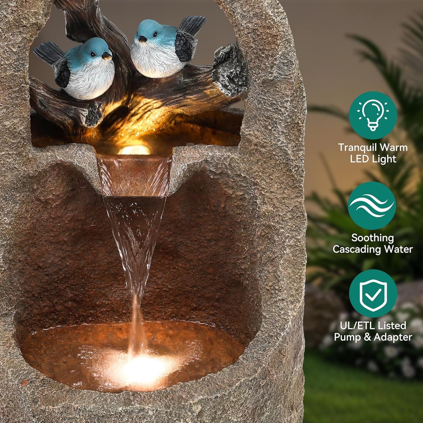 27" Outdoor Water Fountain with LED Lights,2-Tier Bird Natural Zen Garden Fountain, Relaxing Waterfall Floor, Yard, Porch or Deck Decor, Whether-Resistant, Faux Granite Texture
