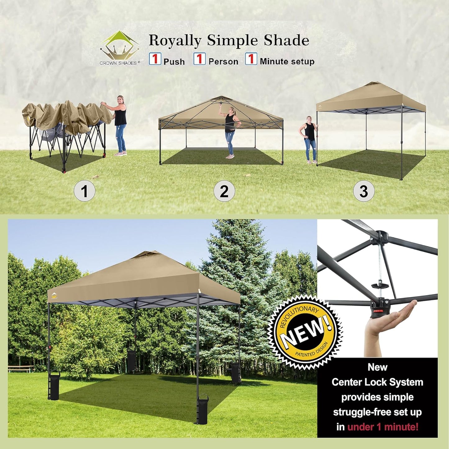 CROWN SHADES 10x10 Pop Up Canopy Tent - Patented Center Lock One Push Instant Outdoor Canopy Beach Tent with STO-N-Go Bag 8 Stakes & 4 Sand Bags，Khaki