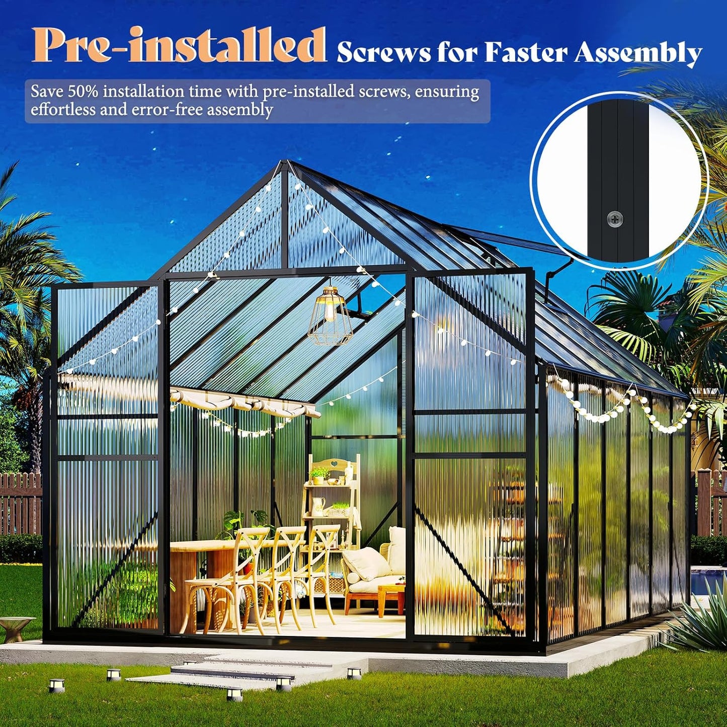 Amerlife 8x8x7 FT Ft Polycarbonate Greenhouse for Outdoors, Walk-in Design with Aluminum Frame, 2 Windows and Swing Door, Heavy-Duty Greenhouse Construction for Garden, Black