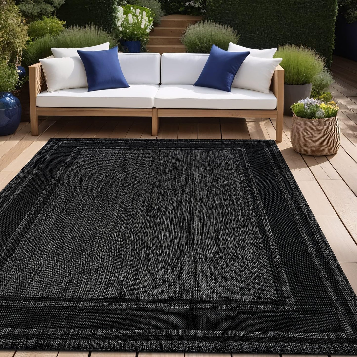 Beverly Rug Large Outdoor Rug 9x12 Modern Bordered Area Rugs for Indoor and Outdoor Patio Deck Porch Garden Waterproof Weather Sun Resistant Washable Outside Carpet (9 x 12 Black)