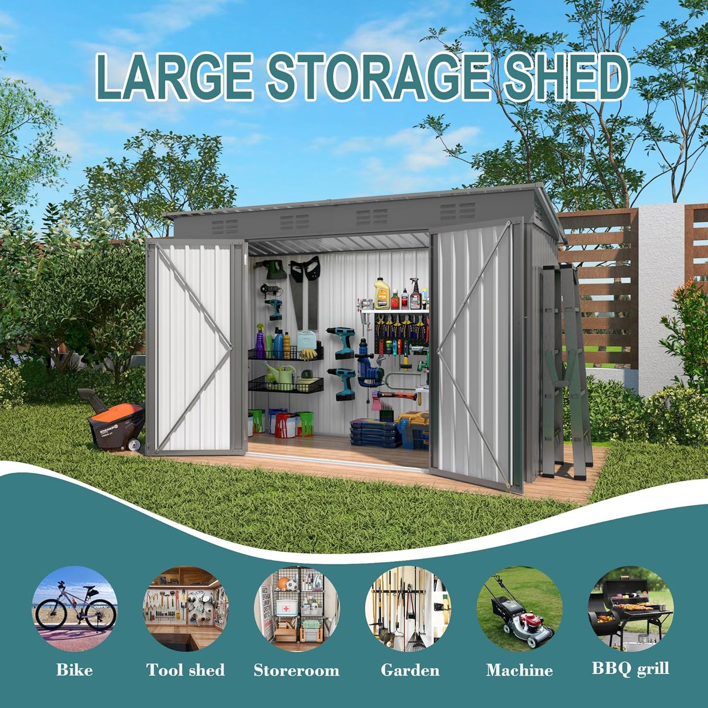 4 * 9.2 * 6 FT Outdoor Storage Shed, Galvanized Steel Garden Shed with Lockable Door & Window, Waterproof Metal Tool Storage for Garden, Backyard, Patio, Lawn(Gray)