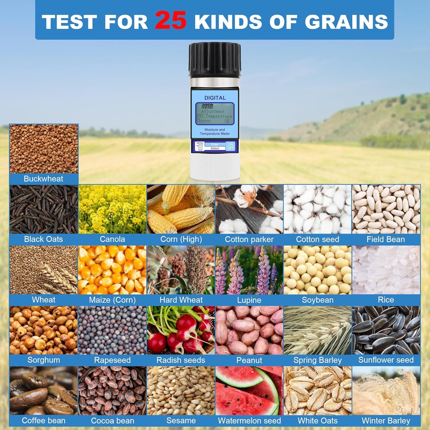 Grain Moisture Meter High Precision Grain Moisture Tester with Moisture & Temperature Display Seed Moisture Meter for 25 Grains Including Wheat, Soybean, Coffee and More