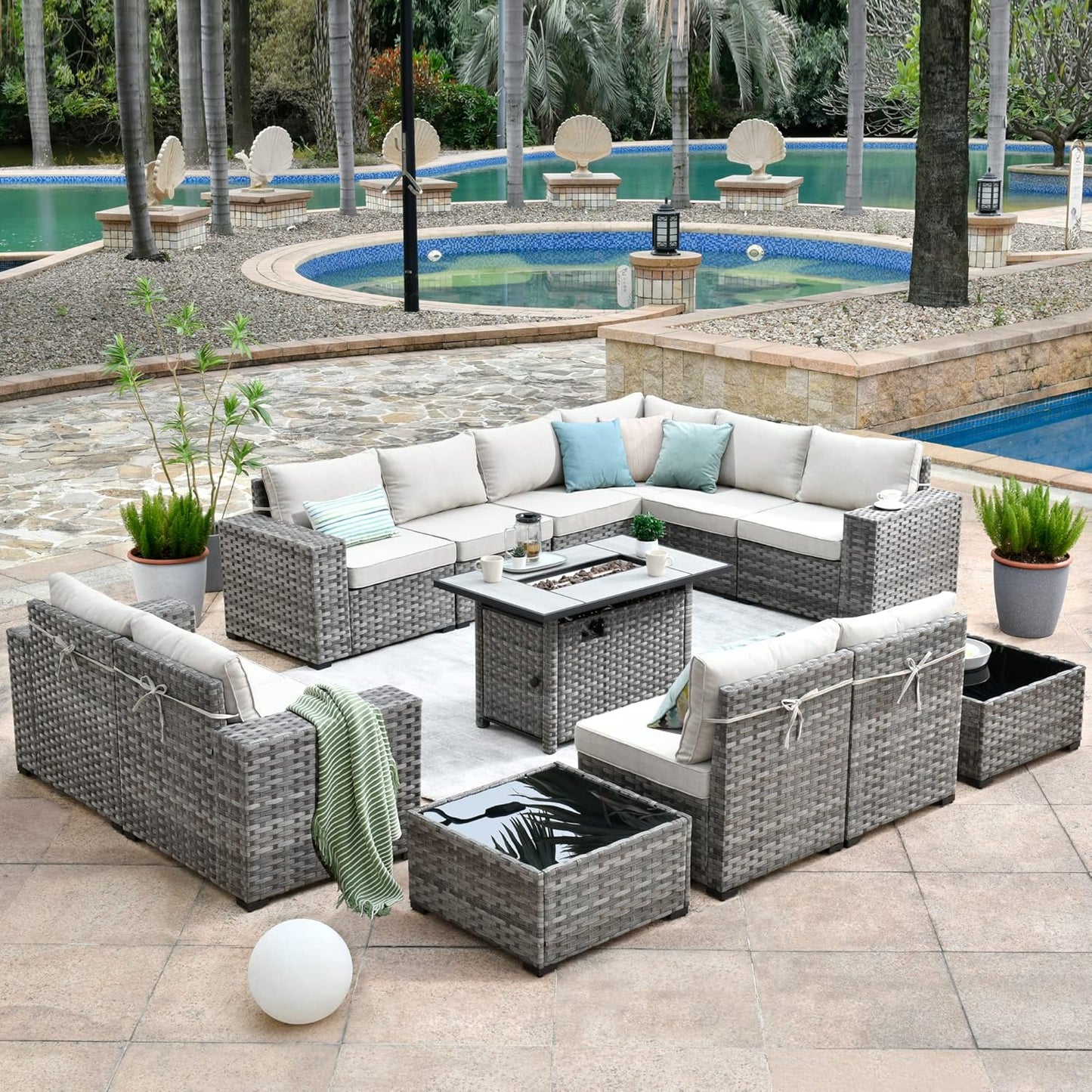 HOOOWOOO 13 Piece Modular Patio Outdoor Sectional Furniture Set with Gas Propane Fire Pit Table,Wicker Conversation Sofa Set,Out Door Couch Set with Wide Arm Outside(Beige)