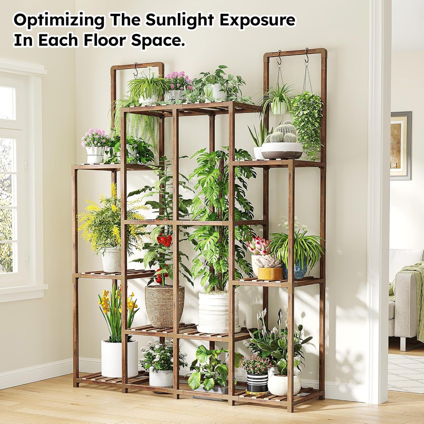 EnHomee Plant Stand Indoor Wood Plant Stand Outdoor Plant Shelf with 14-18 Potted Double Rod Large Plants Holder 440LBS Plants Shelves for Living Room Patio Balcony Yard Garden 44.8''W×11.6''D×47''H