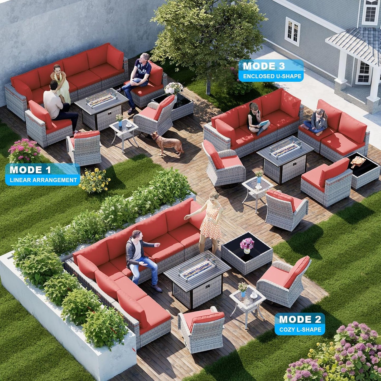 11-Piece Patio Furniture Set, Outdoor Patio Furniture with 55,000 BTU Fire Pit Table, Swivel Chairs Set, Thick Cushions, Modular Patio Sofa, Dual-Strand Wicker Rattan, Rust-Resistant Frame, Red