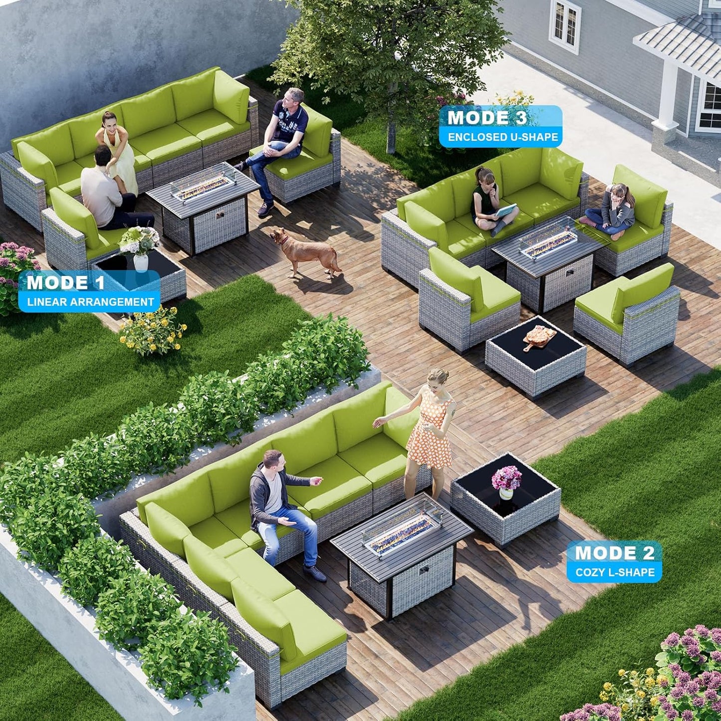 8-Piece Patio Furniture Set, Outdoor Patio Furniture with 55,000 BTU Fire Pit Table, Thick Cushions, Modular Patio Sofa, Dual-Strand Wicker Rattan, Rust-Resistant Frame, Grass Green