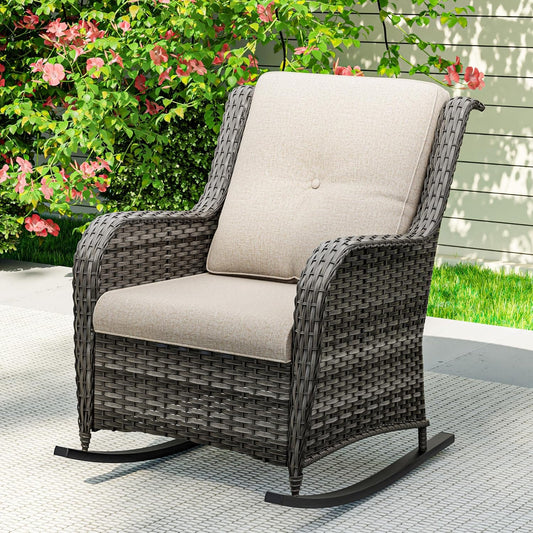 1 PC Outdoor Rocking Chair, Wicker Patio Rocker Chair for Yard, Porch, Mixed Brown Grey Rattan, Beige Cushions