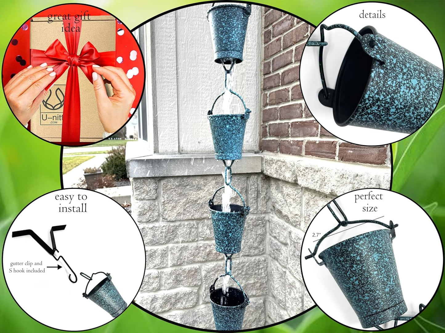 U-nitt Rain Chain Water Collection for Gutters, Rainwater Catcher & Diverter, 8.5 FT Chains for Outside Garden, Patina Bucket Cups, Roof Downspout, Works with Heavy Rain, w/Gutter Clip for Rainchains