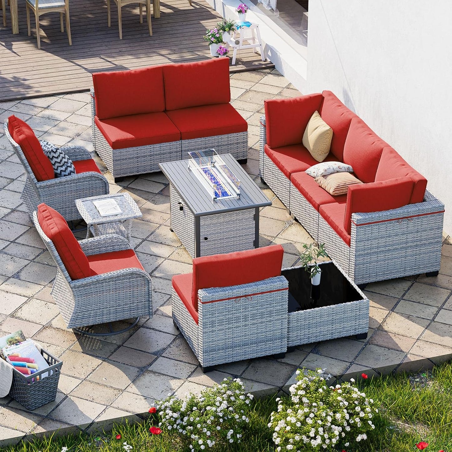 11-Piece Patio Furniture Set, Outdoor Patio Furniture with 55,000 BTU Fire Pit Table, Swivel Chairs Set, Thick Cushions, Modular Patio Sofa, Dual-Strand Wicker Rattan, Rust-Resistant Frame, Red