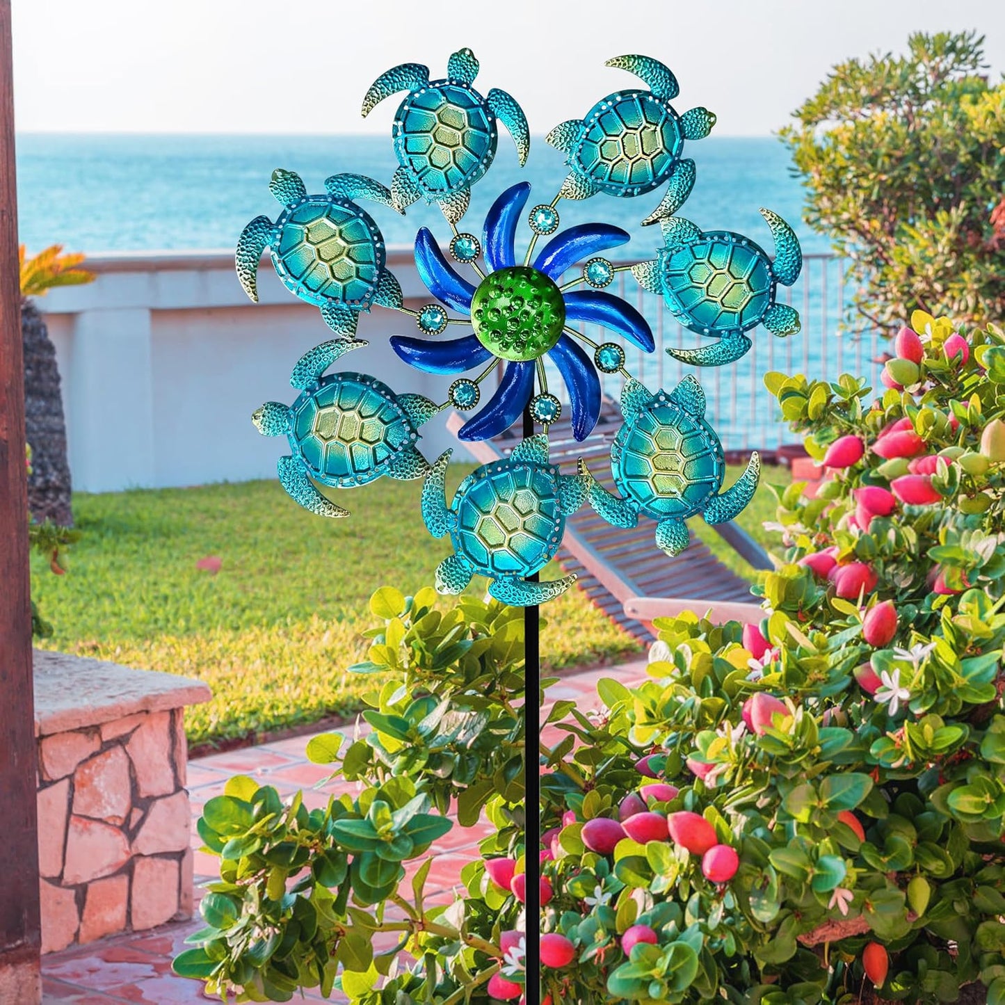 39" Sea Turtle Wind Spinners Garden Stake-Ocean Theme Outdoor Decorations- Metal Stake Yard Spinner-Wind Sculpture Yard Art Decorations for Patio,Swimming,Lawn & Garden Decor