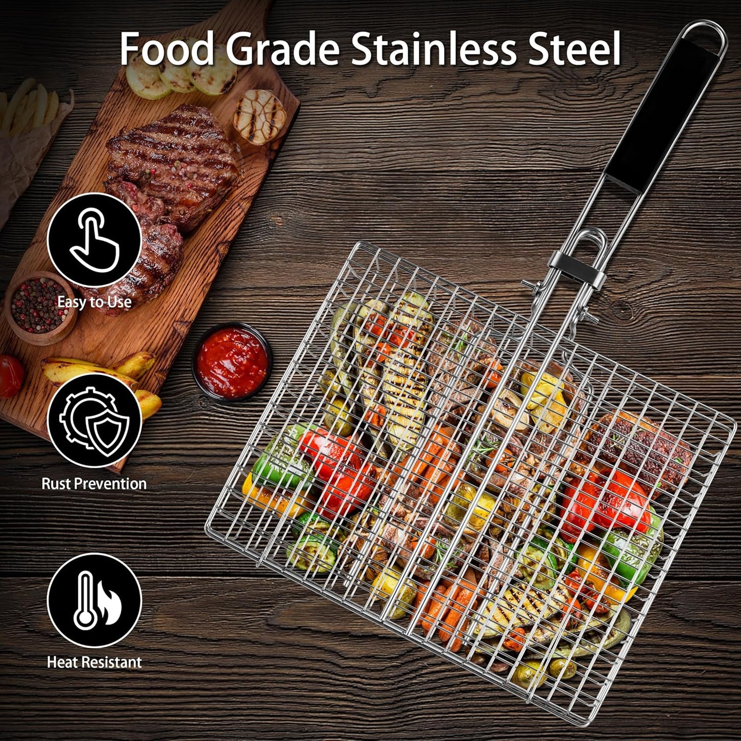 Pleafind Grill Basket Set - 8 PCS, Portable BBQ Grilling Basket with Removable Handle, Stainless Steel Grill Baskets for Outdoor Grill, Includes Silicon Brush, Steel Clip and 4 Skewers